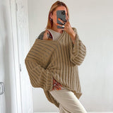 Drespot Women Casual Sweaters Pullovers Oversized Loose V-neck Knitted Jumpers Tops Outfits Striped Sweaters