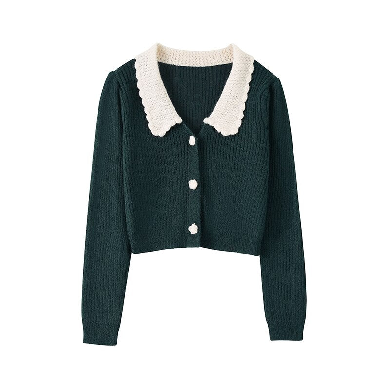 Winter Sweet Knitted Cardigan Sweater Women Warm Peter Pan Collar Cashmere Crop Sweater Elegant Autumn Clothes South Korea