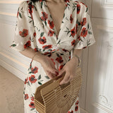 Summer Elegant Midi Dress For Women Boho One Piece New Ladies Rose Print Clothing Femme Fashion Vestidos