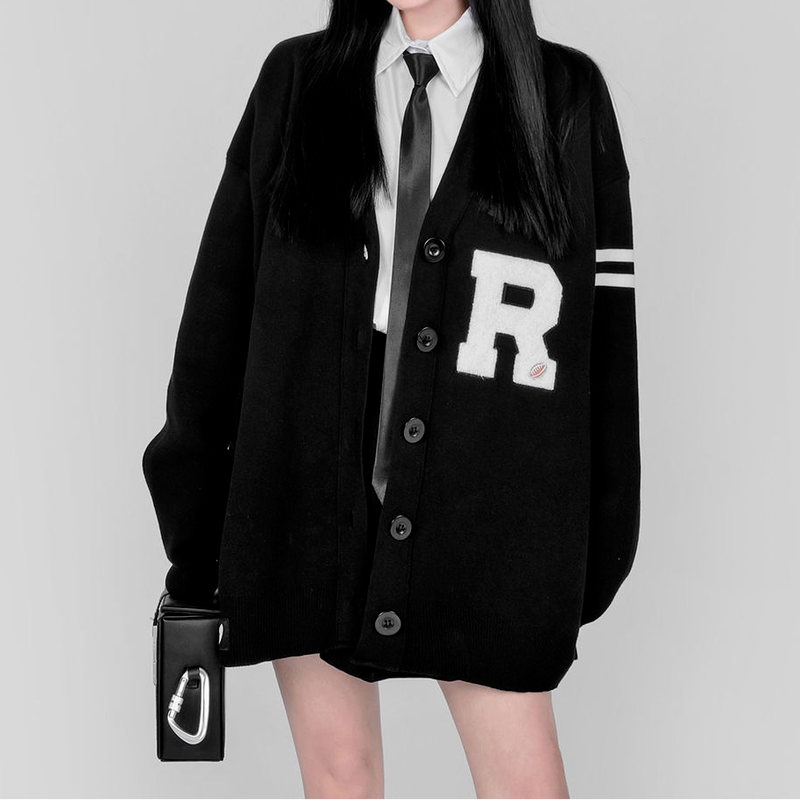 Deeptown  Korean Style Letter Print Oversize Black Sweater Cardigan Women Gothic Punk Harajuku V-neck Jumper Female White Tops