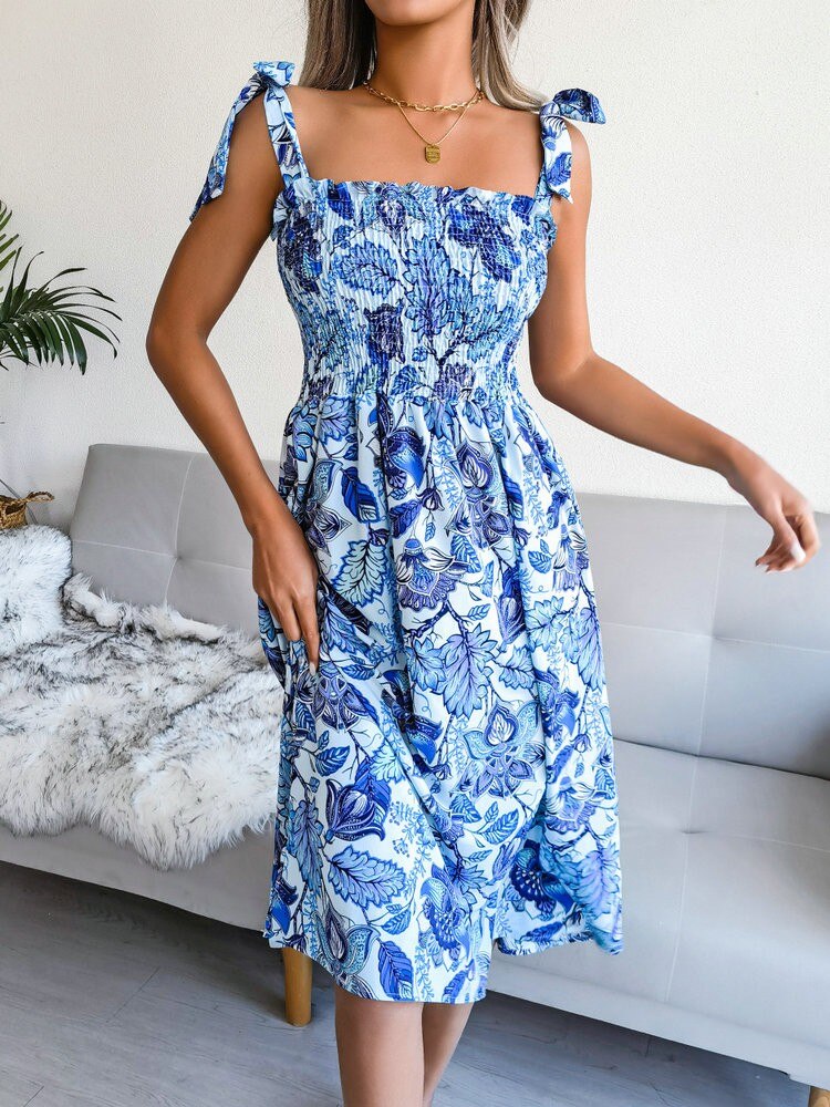 Drespot Floral Print Knot Straps Shirred Bodice Cami Dress Summer Backless Strapless A-line Long Dress Women Boho Dress Robe Femme