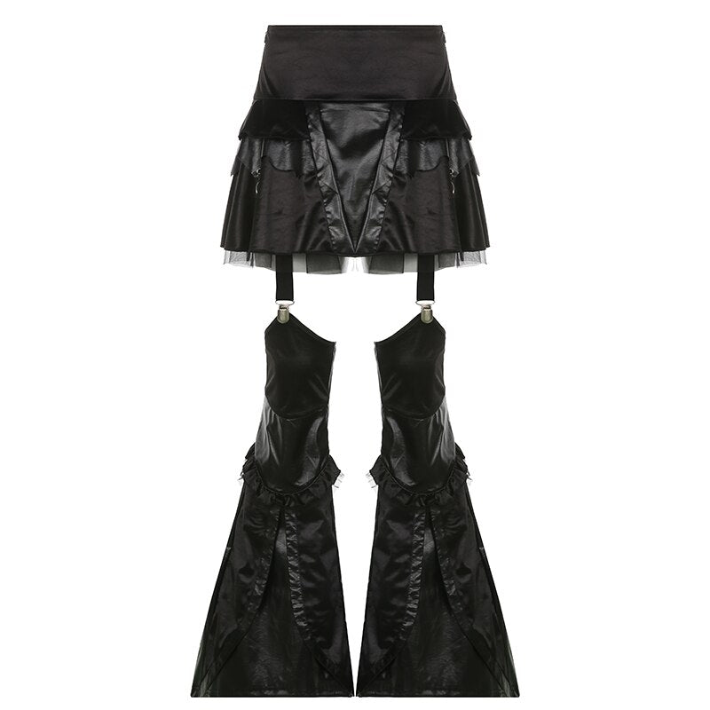 Mesh Leather A-line Gothic Skirt With Trousers Black High Waist Mini Skirts Dark Academia Bottoms Grunge Outfit Vintage