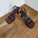 Drespot   Women Sandals Ankle Strap Open Toe Narrow Band Ladies Hight Heel Sandals Solid Color Fashion Retro Female Square Toe Shoes