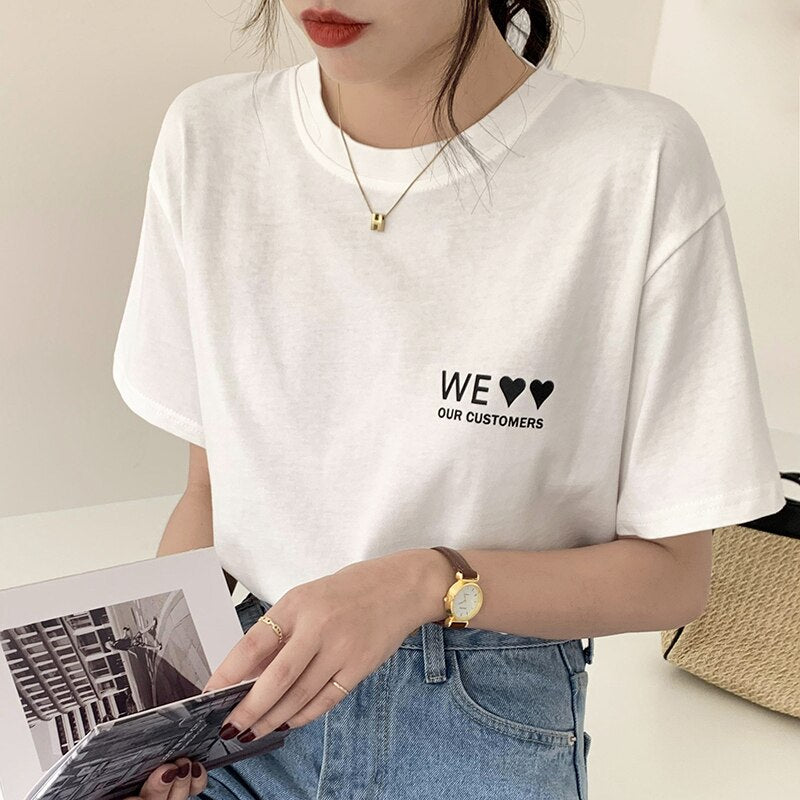 Drespot  New Summer Letter Printed Women's T-shirts 100% Cotton Chic Short Sleeve O-Neck Casual Female Basic White Tops