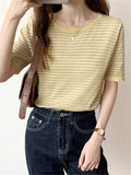 Drespot  New Summer Women's T-shirt Cotton Fashion Chic Short Sleeve Horizontal Stripe Casual Loose Women's Basic Tops Lady