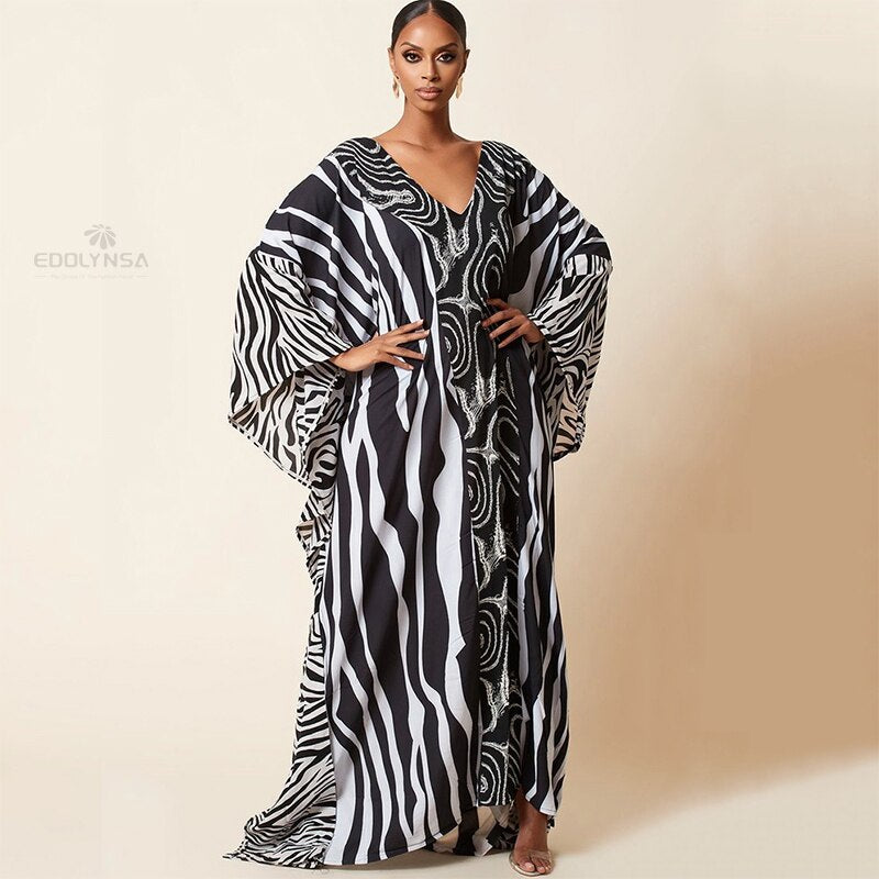Retro Striped Batwing Sleeve Plus Size Loose Maxi Dress For Women Summer Beach Wear Kaftan Shirt Robe De Plage Q1360
