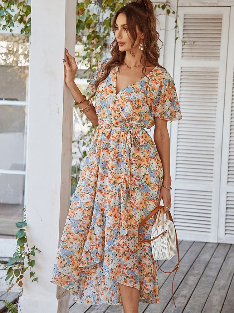 Spring Summer Floral Chiffon Dress For Women  New Casual Butterfly Sleeve V Neck Holiday Style Print Bandage Dress Ladies