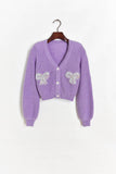 Drespot Thanksgiving Y2K Purple Cardigan With Bow Applique Button-Down V-Neck Cropped Knitwear Women E-Girl Aesthetic Outfit /