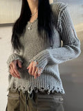 Drespot Sweaters V Neck Slim y2k Ripped Out Full Sleeve Grunge Punk Jumpers Korean Women Cropped Pullovers Fall Otufit