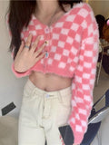 Drespot Y2K Preppy Style Pink Cardigan Women Harajuku Plaid Knitted Sweater V-Neck Slim Long Sleeve Crop Tops Korean Fashion