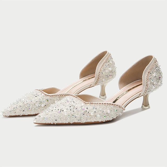 Drespot  Women's Wedding Bridal Shoes  New Crystal Elegant Pointed Toe Medium Heel Sexy Women's Party Shoes Pumps Women Shoes