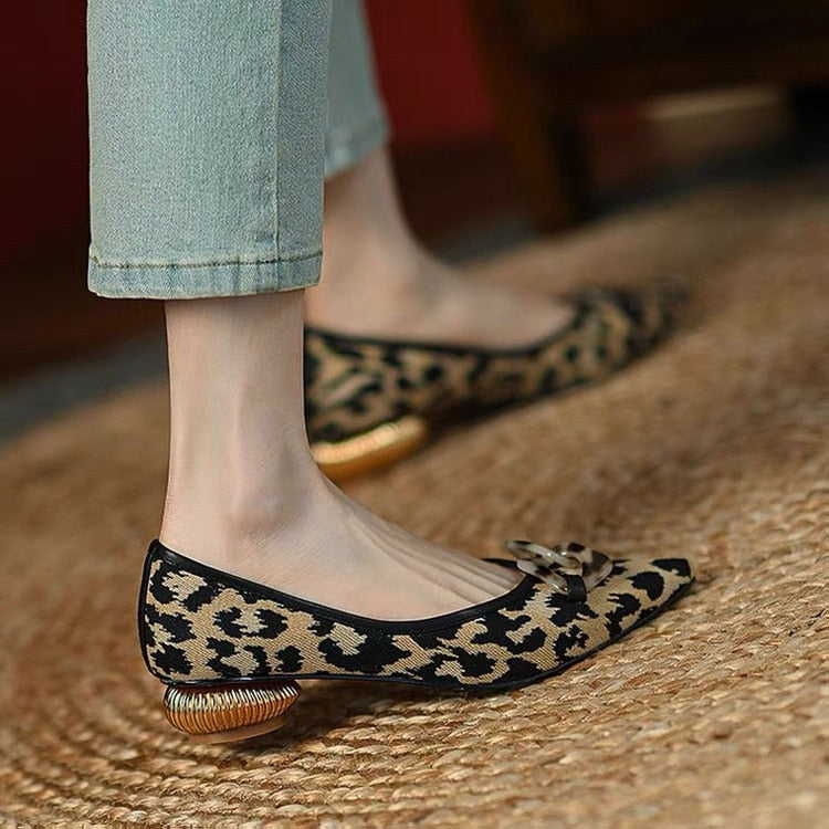 Drespot  Spring Women's Pumps Pointed Toe Round Low Heel Rivet Classic Retro Ladies Heels Fashion All-Match Slip-On Leopard Female Shoes
