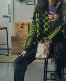Drespot Thanksgiving Green And Black Mixed Checkerboard Jumper Pullovers Women Checkered Knit Sweaters Autumn Winter