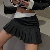 Contrast Color Turn-down High Waist Pleated Skirt Black A-line Mini Skirts Korean Style Fashion Bottoms Kawaii Outfit