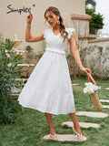 Drespot Cotton A-Line Embroidery Smock Sleeveless Women Dress Summer V-Neck Beach White Sundress Maxi Ruffle Mujer Vestidos