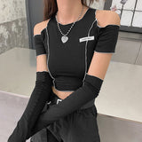 Drespot Cool Short Patchwork Hollowed Out Shoulder T-shirt Women's Letter O-Neck Slim All-match Exposed Navel Top with Sleeve