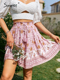 Drespot Ethnic Tassel Lace Up Print Mini Skirt Summer Women Floral Elastic Bohemian Ruffle Skirts Pink A-Line Frills Bottom