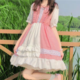Drespot Kawaii Lolita Dress Women Pink Lace Patchwork Vintage Short Dress Japanese Sweet Puff Sleeve Fairy Gothic Maid Outfits