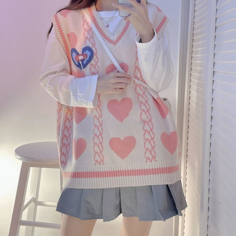 Preppy Style Knit Sweater Vest Women Japanese Harajuku Embroidery Sleeveless Jumper V-neck Loose Tank Tops Sweet Lolita
