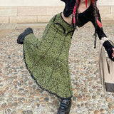 Drespot Y2K Maxi Skirts Lace Trim Skirts Women Trumpet Party Skirts Retro 2000s Harajuku Aesthetic High Waist Skinny Streetwear Skirt