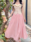 France Vintage Elegant Two-piece Dress Floral Sweet Corset Top + Pink High-waisted Skirt Korean Style Clothing Sets Summer