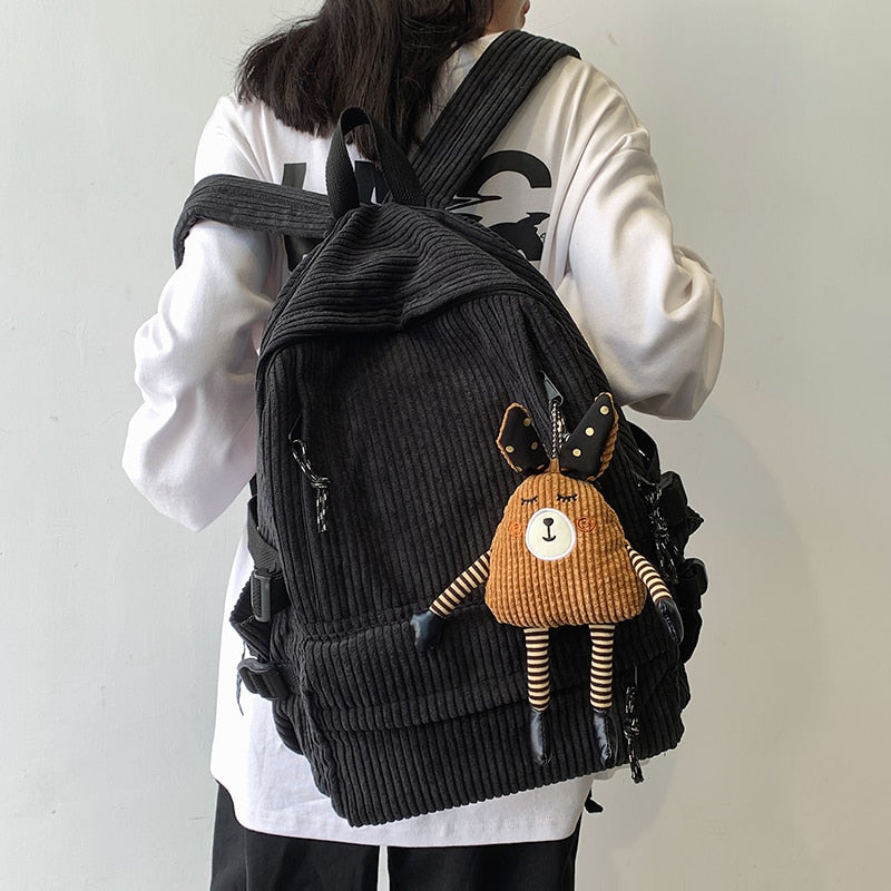 Drespot  Vintage Corduroy Anti-Theft Backpack Fashion Women Backpack Pure Color Cute School Bag for Teenage Girls Travel Shoulder Backbag