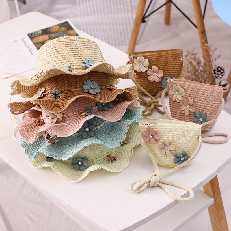 2Pcs Baby Sun Hat with Straw Bag Set For Girls Outdoor UV Protection Summer Floppy Panama Toddler Vacation Flowers Beach Hat