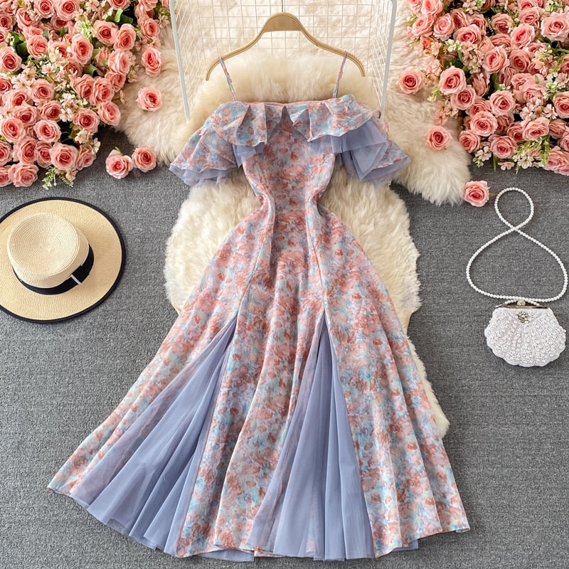 Elegant Women's Chiffon Floral Strap Dress Mesh Stitching Strapless Mixi Dress Holiday Ladies Beach Vestidos  Summer Robe