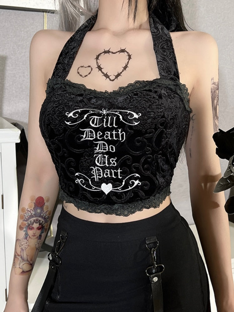 Drespot Sexy Women Tops Gothic Halter Tees Black Harajuku Bodycon Bandage Lace Patchwork Y2k Cropped Top Grunge Goth Streetwear