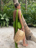 Elegant Green Tassel Satin Women Dress  Sexy Halter Sleeveless Summer Beach Dress Fashion Backless Club Party Dresses Mini
