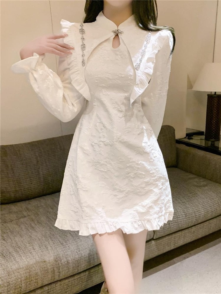 Drespot Vintage Chinese Fashion Floral Dress Women Cheongsam Retro Ruffles White Elegant Party Mini Short Dresses Long Sleeve