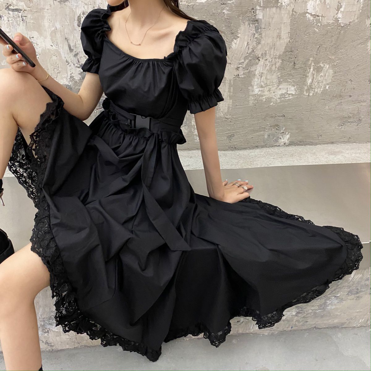 Drespot Gothic Black Puff Sleeve Dress Women Vintage Wrap Ruffle Dresses Goth Harajuku Square Collar Belt Clothes  Summer Emo