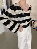 Drespot Korean Style Striped Knitted Cardigan Women Harajuku Cropped Sweater Fashion Hollow Out Casual V-Neck Tops 90S Vintage