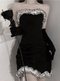 Summer Mini Dress For Women Gothic Black Strapless Party Dresses Lace Patchwork Off Shoulder Bodycon Fashion Robe