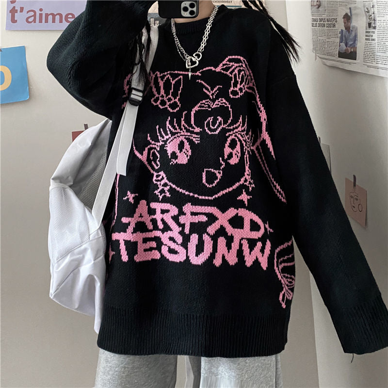 Deeptown Gothic Streetwear Anime Print Knitted Sweater Women Harajuku Punk Hip Hop O-neck Oversize Long Sleeve Jumper Kawaii Top