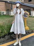 Kawaii Dress Women  Summer Preppy Style Short Sleeve Midi Dresses Ruffle Patchwork Puff Sleeve Sweet Female Sundress
