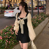 Elegant Sweet Mini Dress Women Vintage Kawaii Square Collar Chiffon Patchwork Long Sleeve Dresses Fashion Streetwear