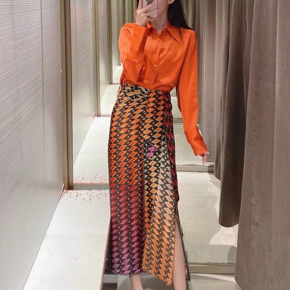 Wrapped Skirt Women Fashion With Knotted Metallic Appliques Printed Midi Vintage High Waist Back Zipper Female Skirts Mujer