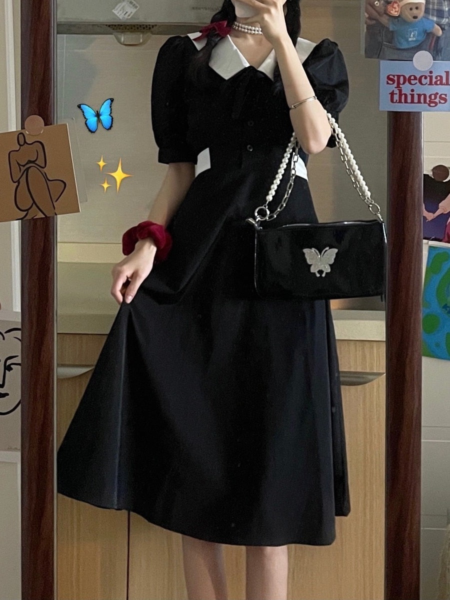 Drespot Vintage Black Dress Women Wrap Bandage Kawaii Puff Sleeve Dresses School Student Party Gothic Goth Robes Girl  Summer