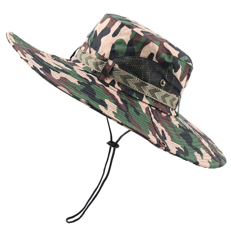 Army Marine Military Boonie Hat With Chin Strap Men Long Wide Brim Bucket Hat Fishing Hunting Breathable Camouflage Jungle Cap