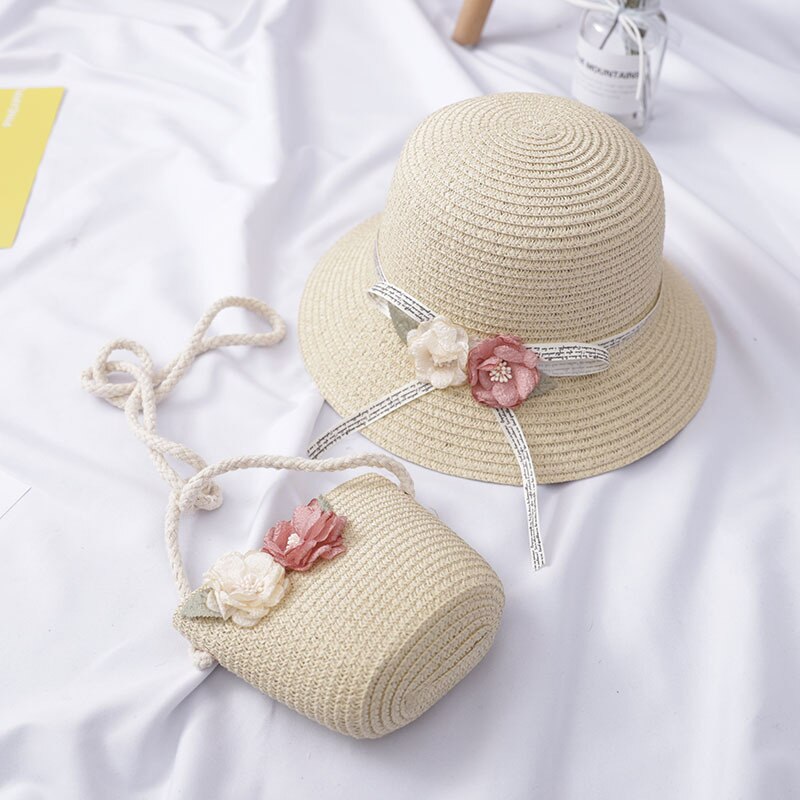 Fashion Flowers Baby Hat With Straw Purse Kid Outdoor Sunshade Bucket Hat Bow Ribbon Beach Panama For 1-7 Years Little Girl Gift