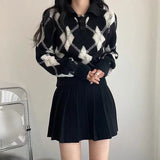 Drespot Korean Style Argyle Print Sweater Women Preppy Blue Polo Collar Fashion Knitted Jumper Female Autumn Winter Pullovers