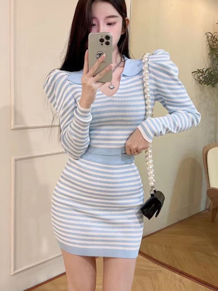 Drespot  Spring Sweet Knitted 2 Piece Set Women Crop Top + Bodycon Mini Skirts Sets Stripe Short Cardigan & Skirt Tracksuits Sweat Suits
