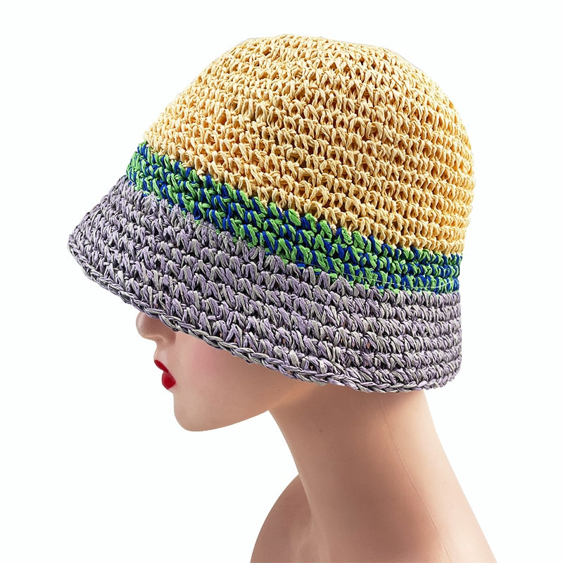 Handmade Panama Straw Hat Women Stripe Rainbow Designer Summer Bucket Hat Women Travel UV Protection Cap Vacation Beach Hat