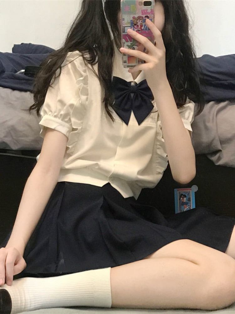 Drespot Kawaii Short Sleeve Shirt Women Summer  Preppy Style Blouse Sweet Ruffles Patchwork Jk Girl School Outfits Japanese