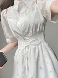 Drespot Vintage Elegant Floral Dresses Women Retro Ruched Bandage Ladies Party Midi Shirt Dress  Summer Fashion Polo Button