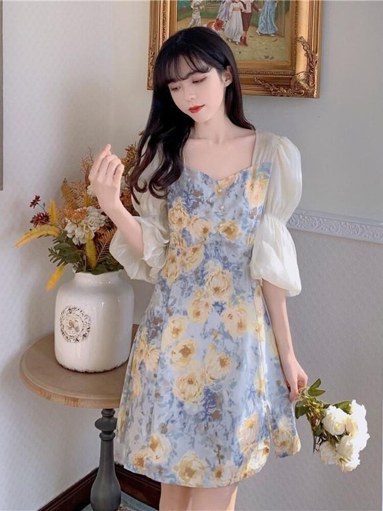 Drespot Vintage Floral Dress Women Sweet Fairy Kawaii Cute Short Dresses Elegant Retro Square Collar Sundress  Summer Robes