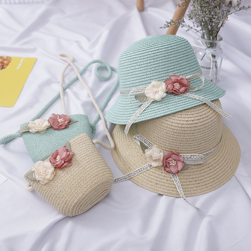 Fashion Flowers Baby Hat With Straw Purse Kid Outdoor Sunshade Bucket Hat Bow Ribbon Beach Panama For 1-7 Years Little Girl Gift