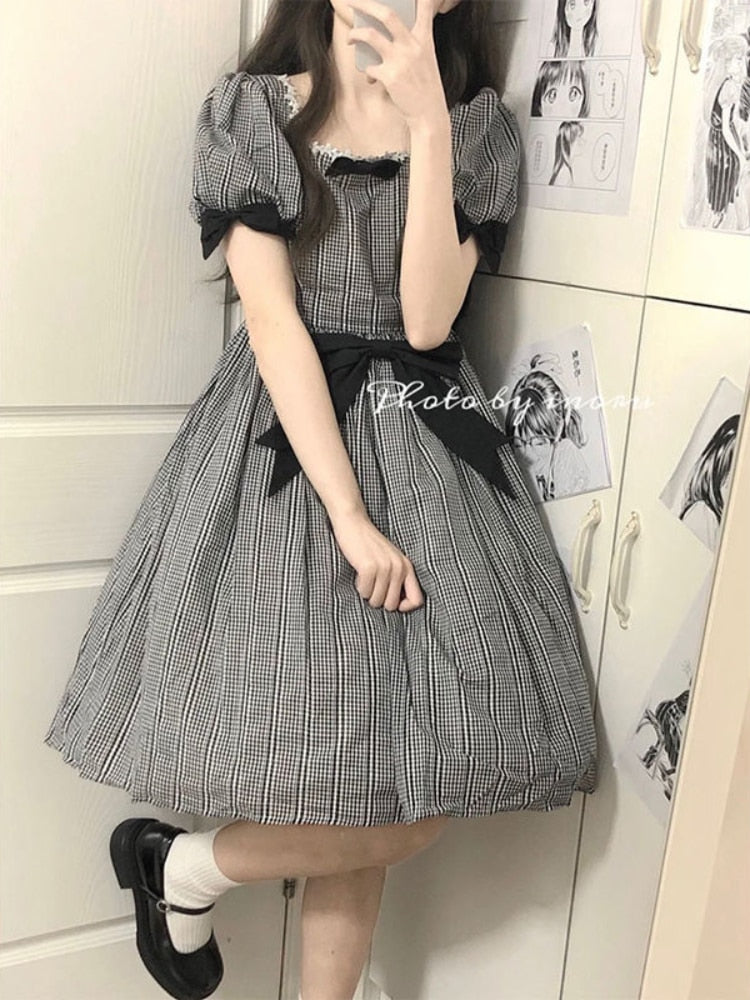 Summer Plaid Dress Women Sweet Cute Bow Preppy Style Kawaii Dresses Japanese Lolita Sundress Black White Patchwork