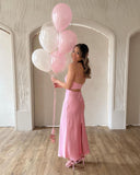 Drespot  Elegent Ladies Temperament Silky Slip Dress WomenV-neck Sleeveless Backless Slim Long Dresses Solid Color Leisure Style Pink Dress
